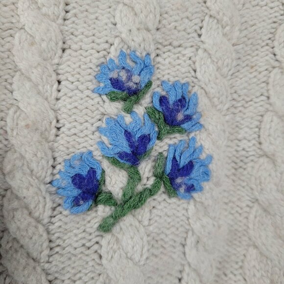 Boden Beige Wool Cotton Blend Embroidered Flowers Cable Knit Sweater Girls 6-7Y - Picture 10 of 12